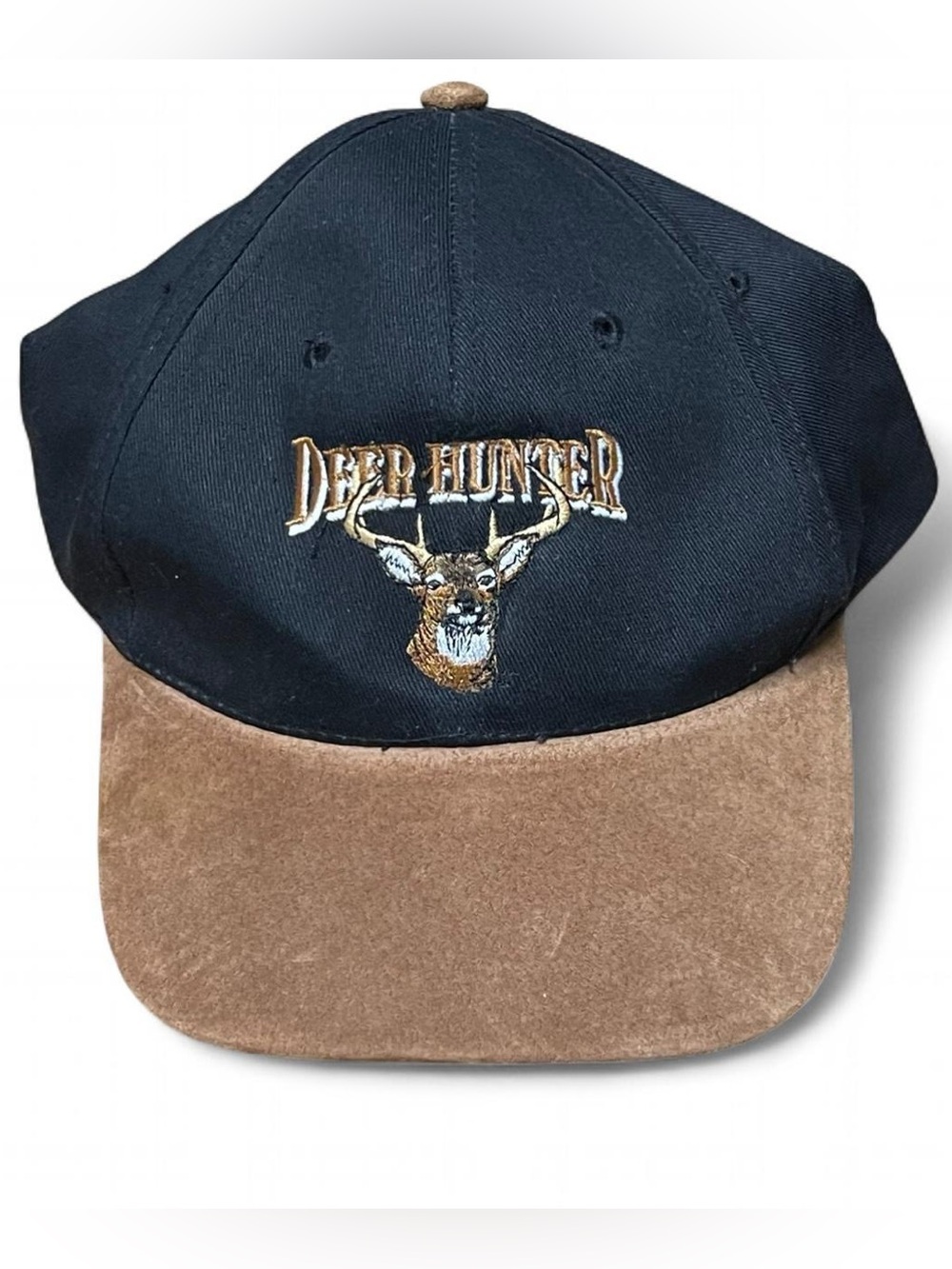 Deer Hunter Hat Embroidered Buck Logo Black Brown Suede Bill KC Brand Vintage